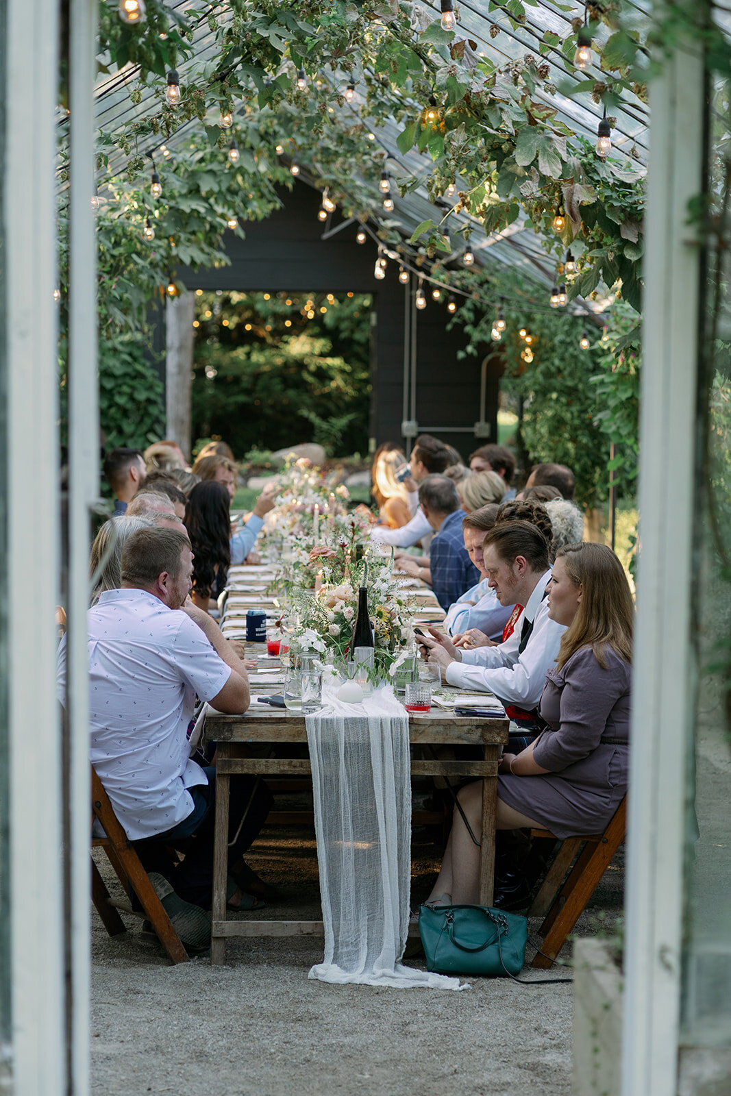 Wedding guests seated at a long dinner table inside the Glasshouse Community greenhouse during a cozy summer reception.