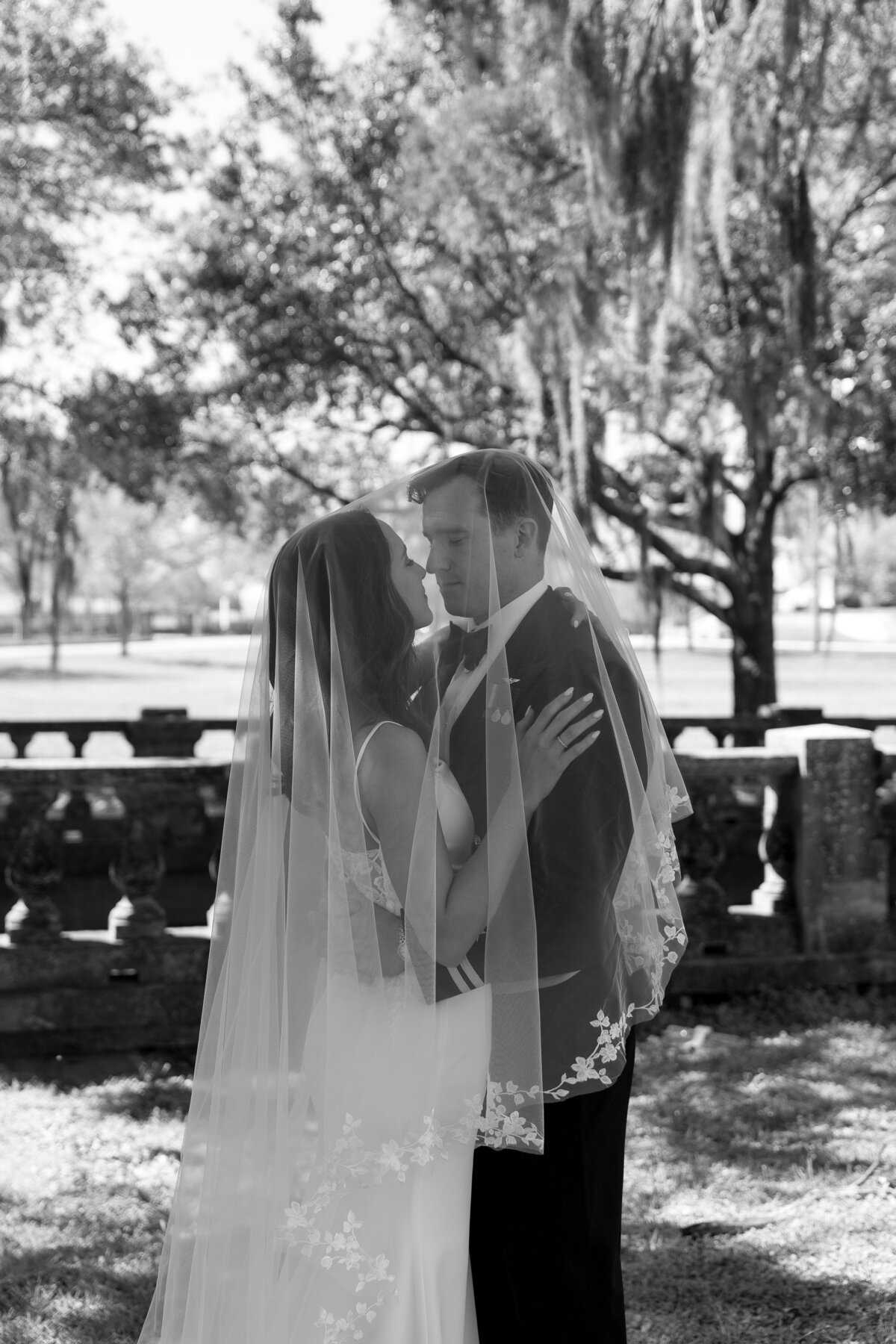 Bride and Groom posing under veil taken by film wedding photographer Shelby Ann Photos