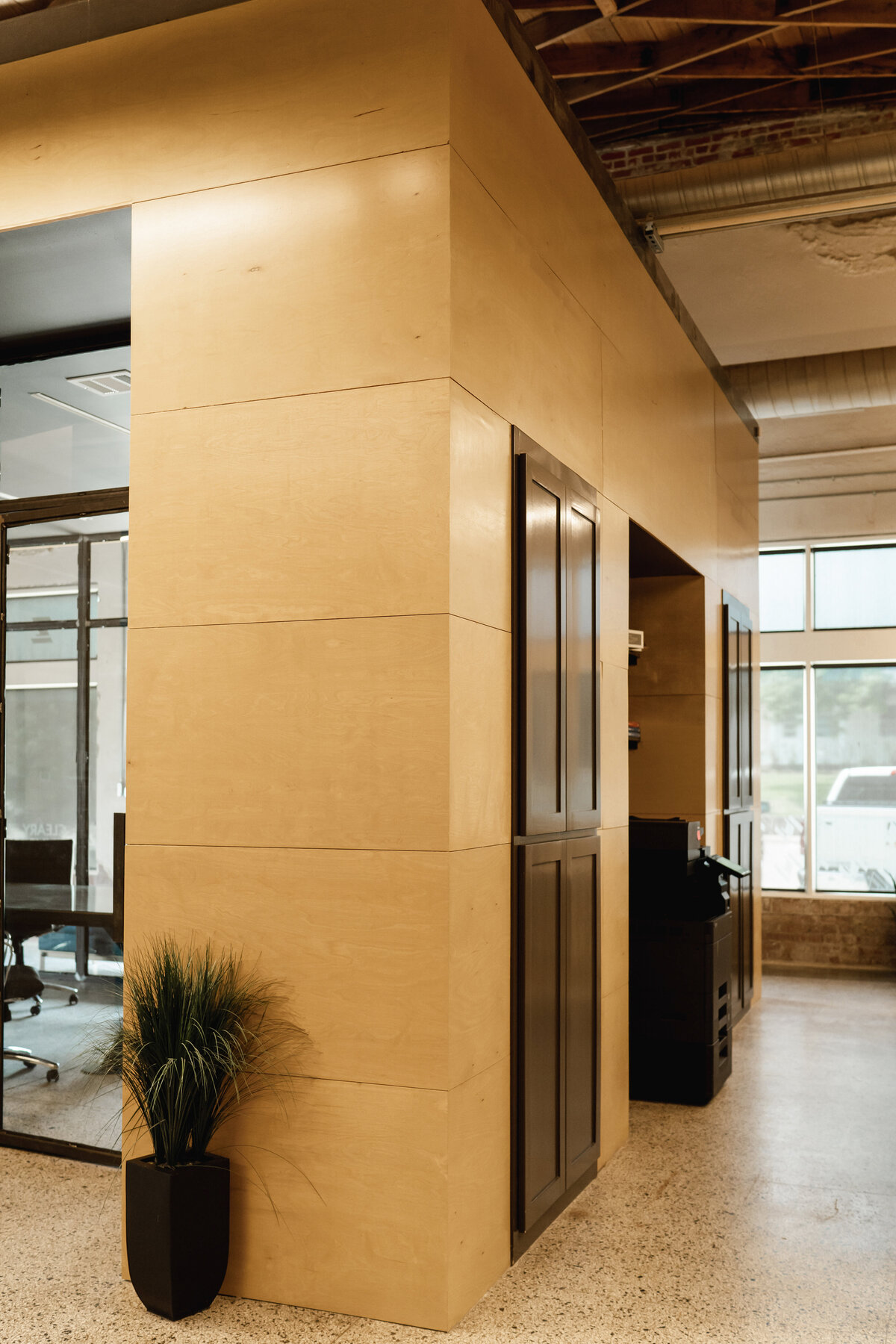 plywood feature wall in office building