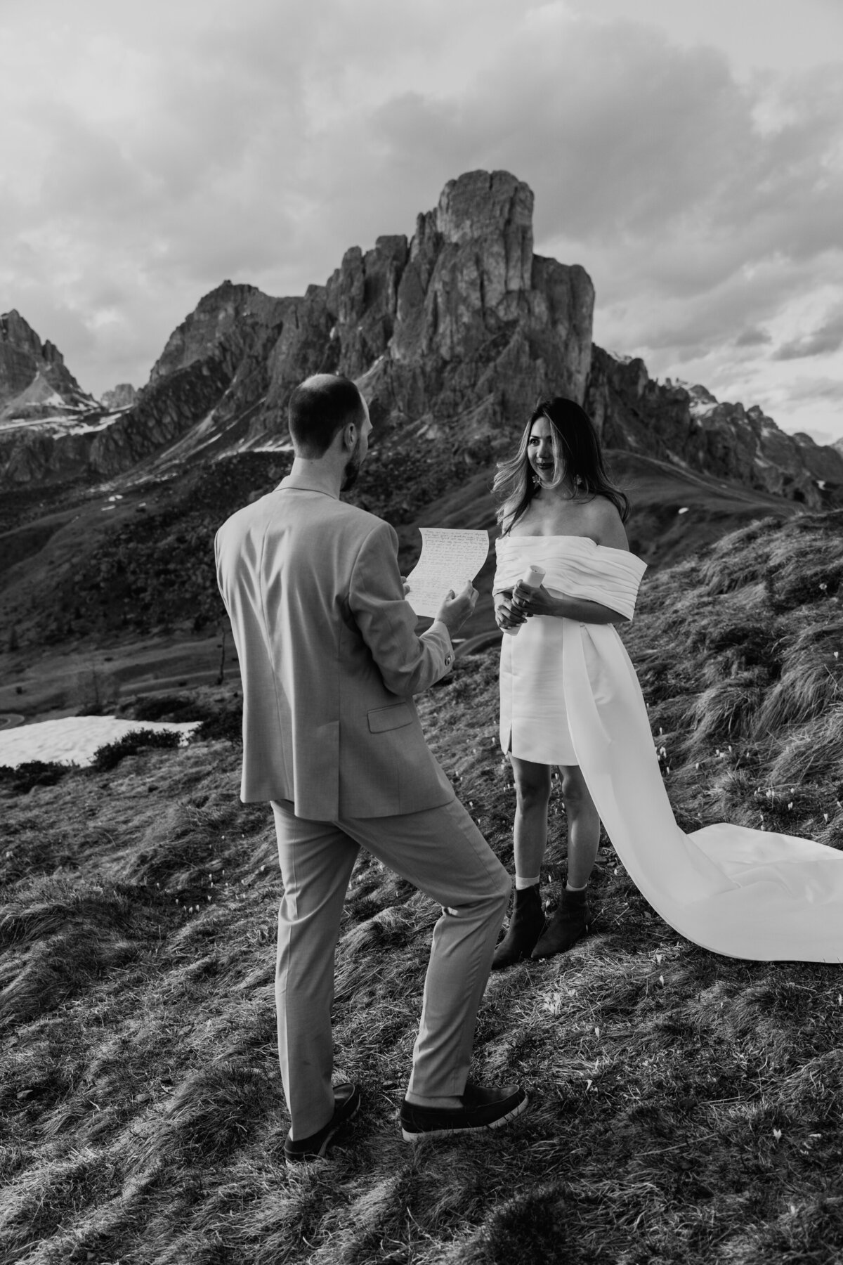 happy couple together in mountain elopement in Dolomites