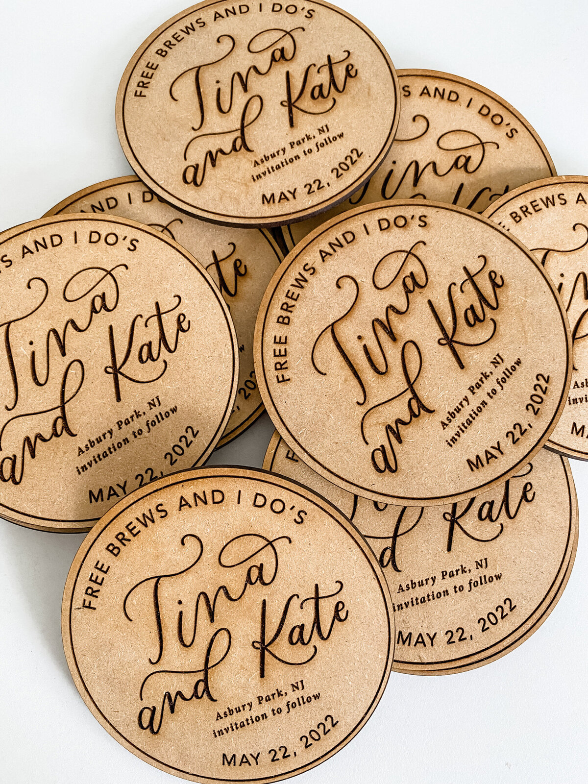 Custom laser engraved save the date coasters with Lace and Belle signature calligraphy