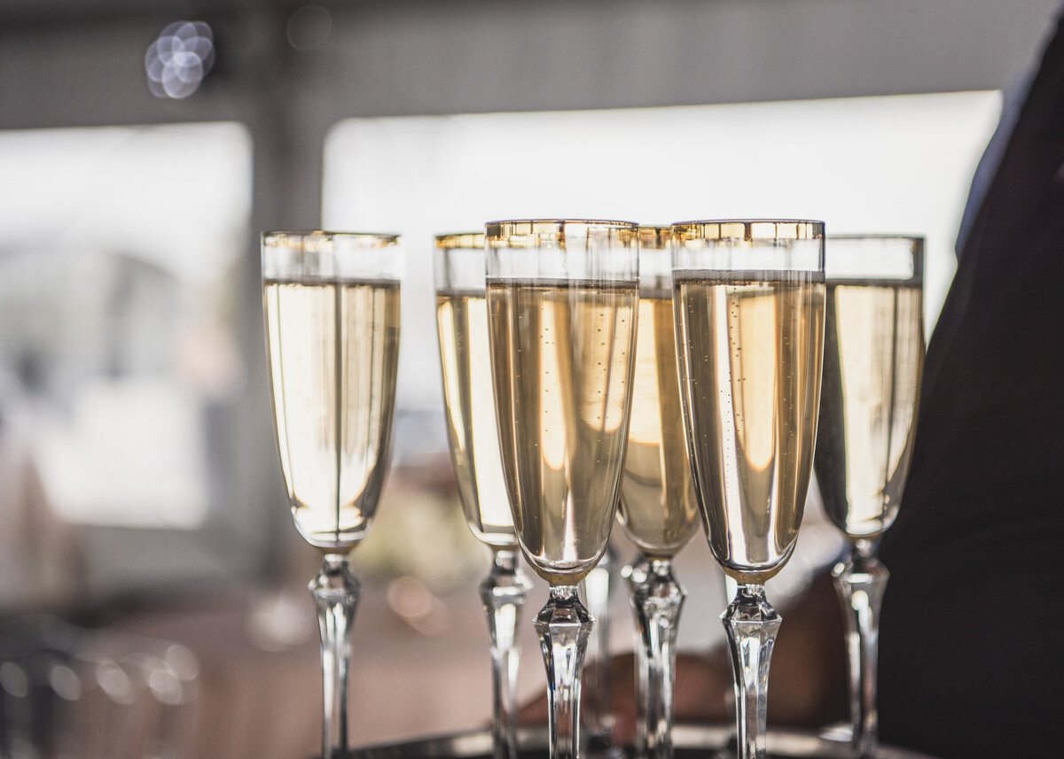 Close up of champagne flutes filled to the brim on a tray at an engagement party in Washington DC.