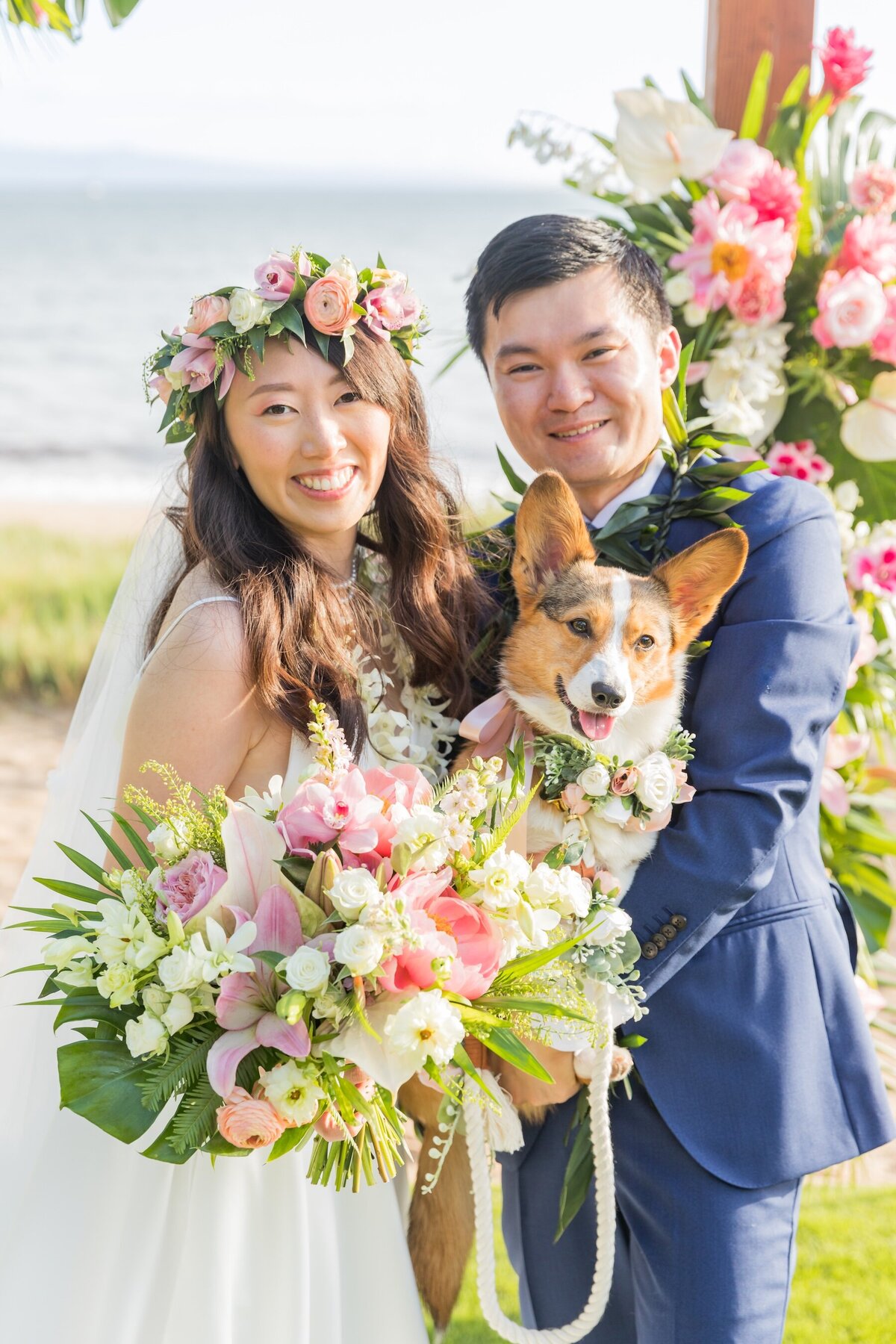 wedding in Maui with dog and bride and groom