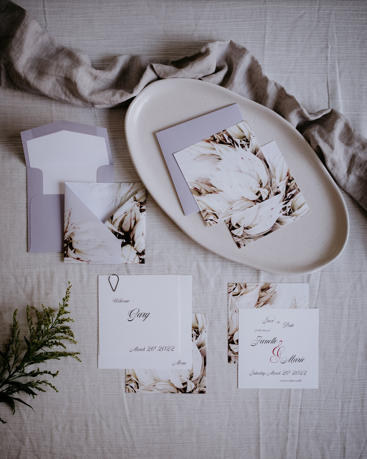 Cream and lavender fine art wedding invitation suite