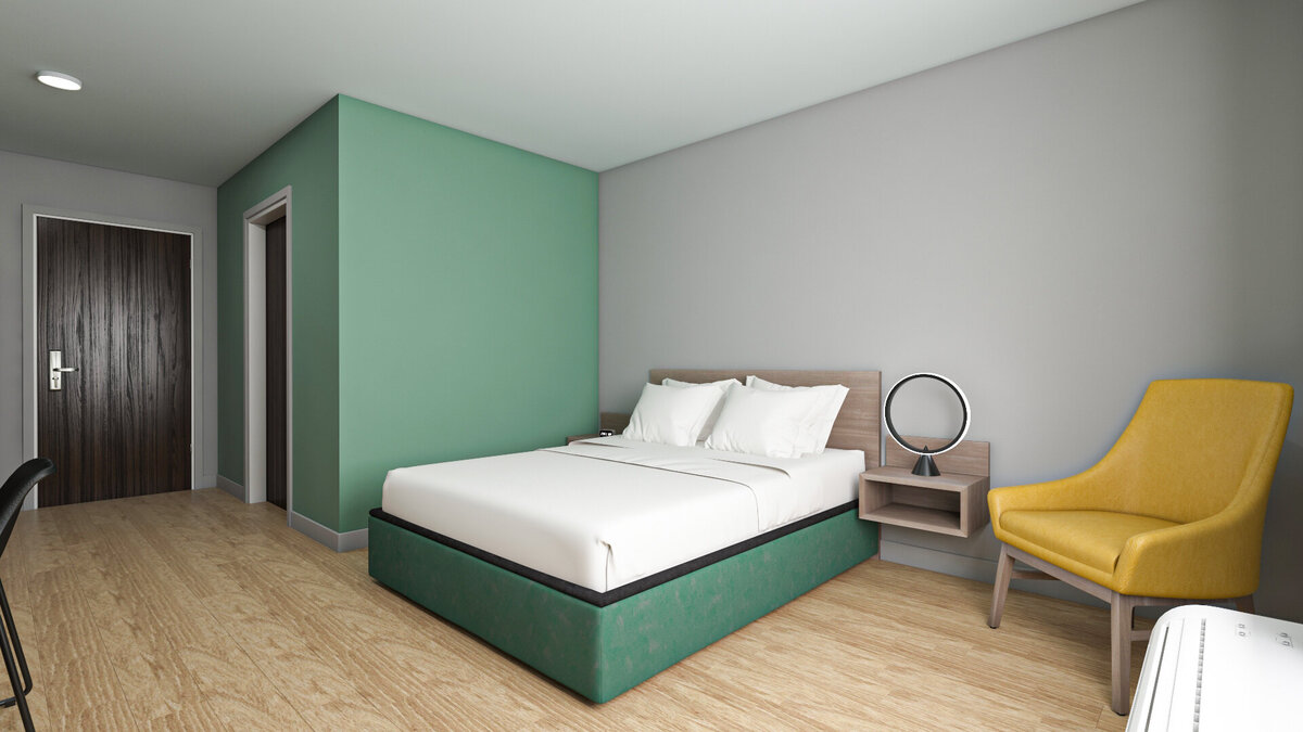 3D Rendering of Echo Suites by Wyndham single queen hotel guest room