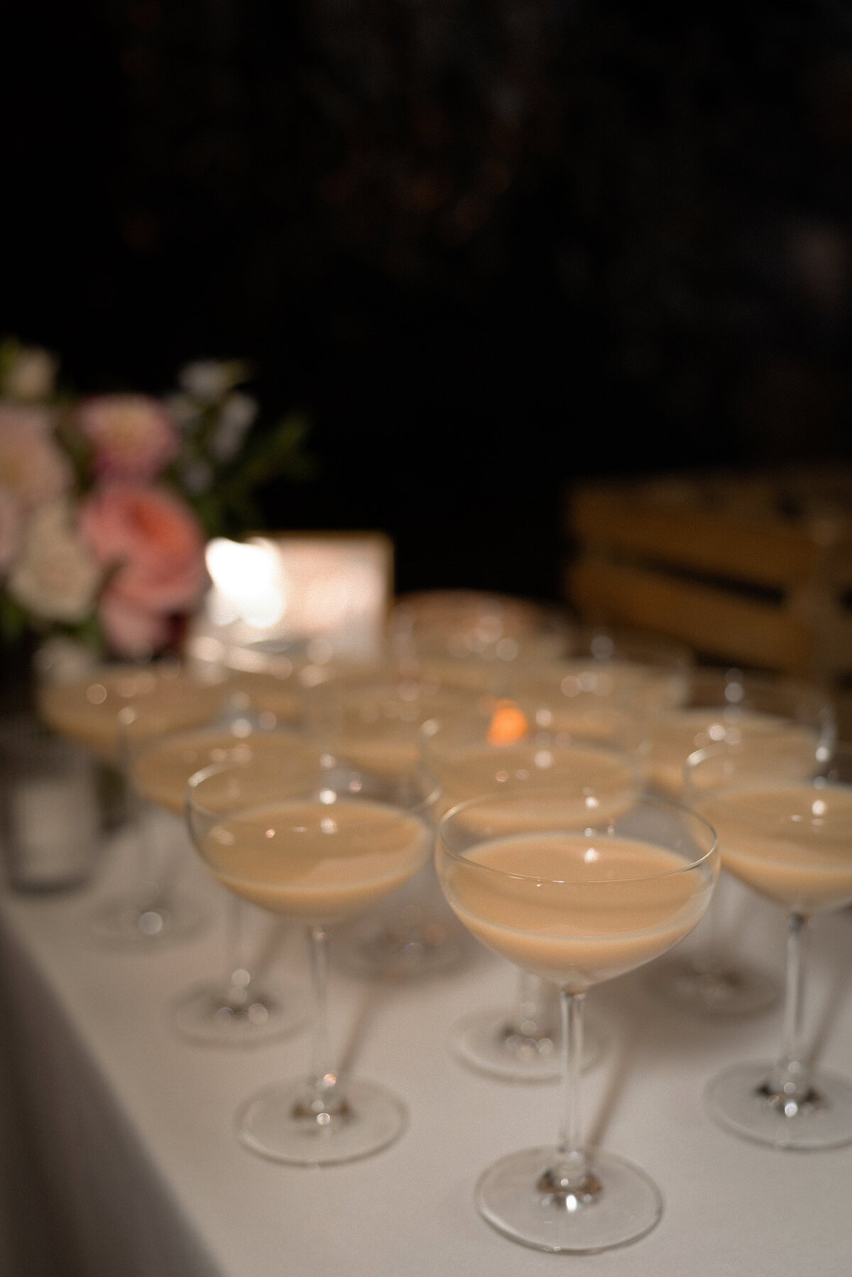 Closeup of espresso martinis during wedding reception.