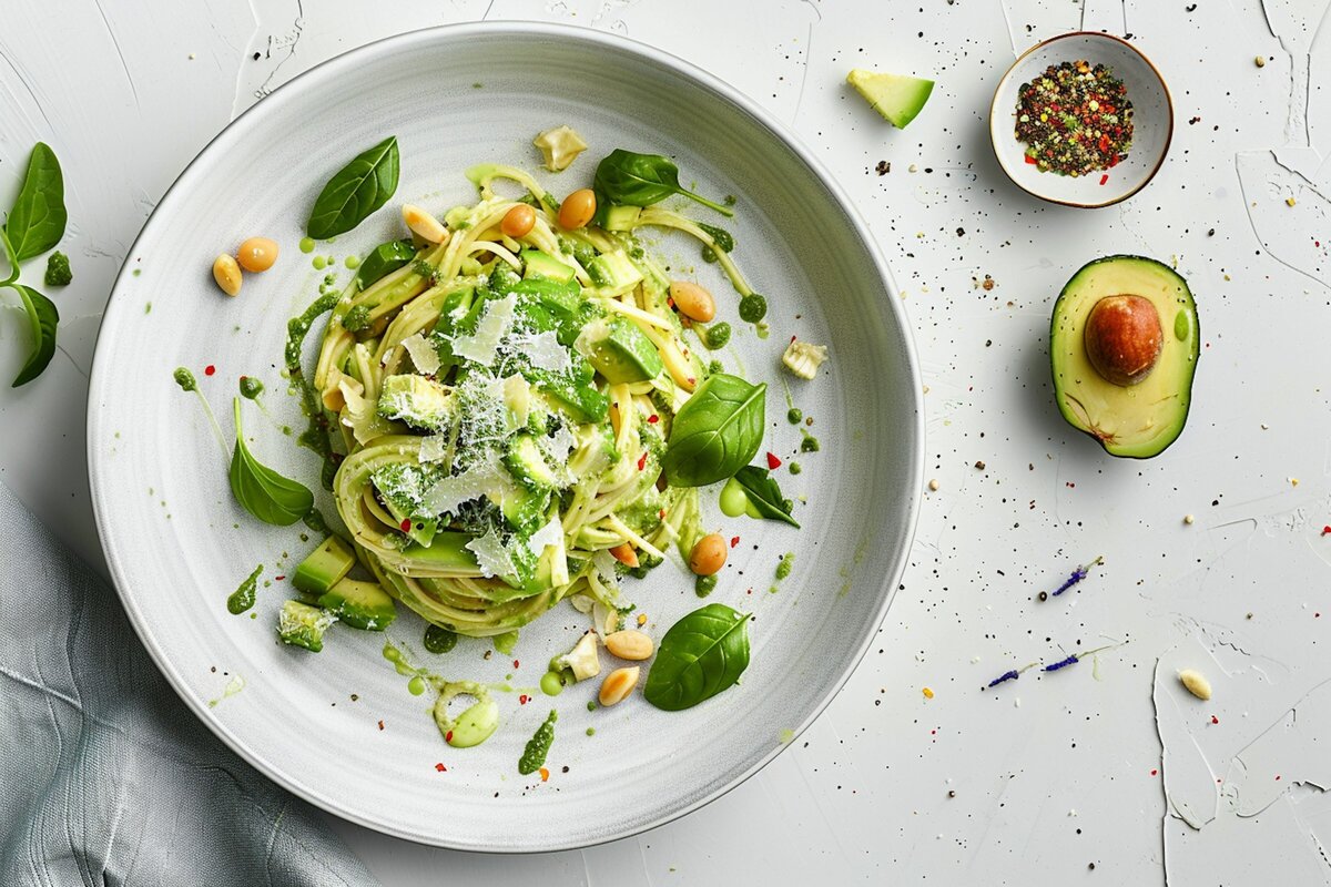Gourmet Zucchini Noodles with Pesto next to half an avocado and herbs