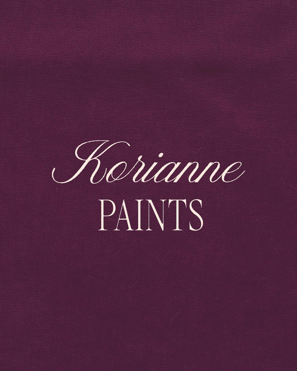 A professional, high-resolution image of the Korianne Paints brand name logo set against a textured plum purple background. The elegant script and classic serif fonts convey a sense of luxury and quality.