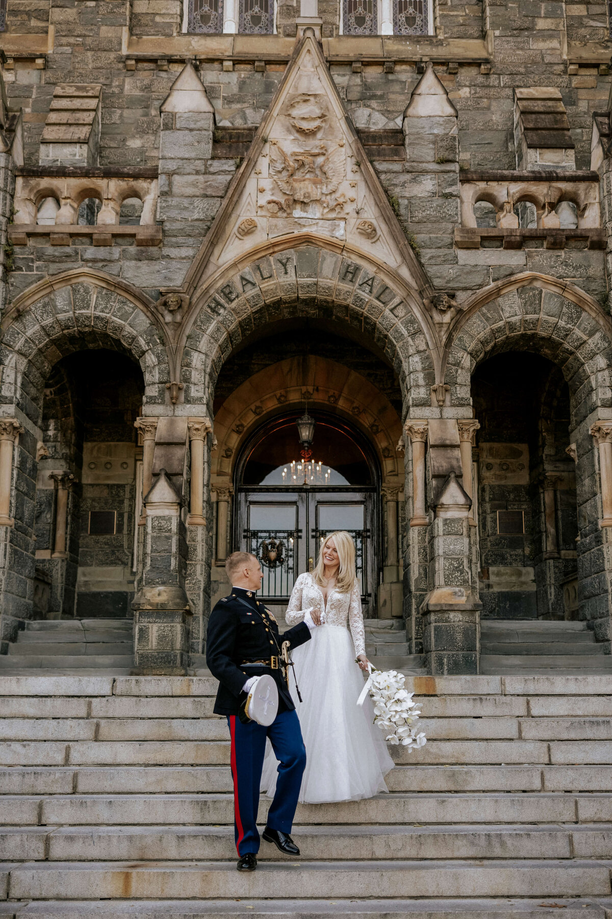 military-bride-and-groom-healy-hall-steps