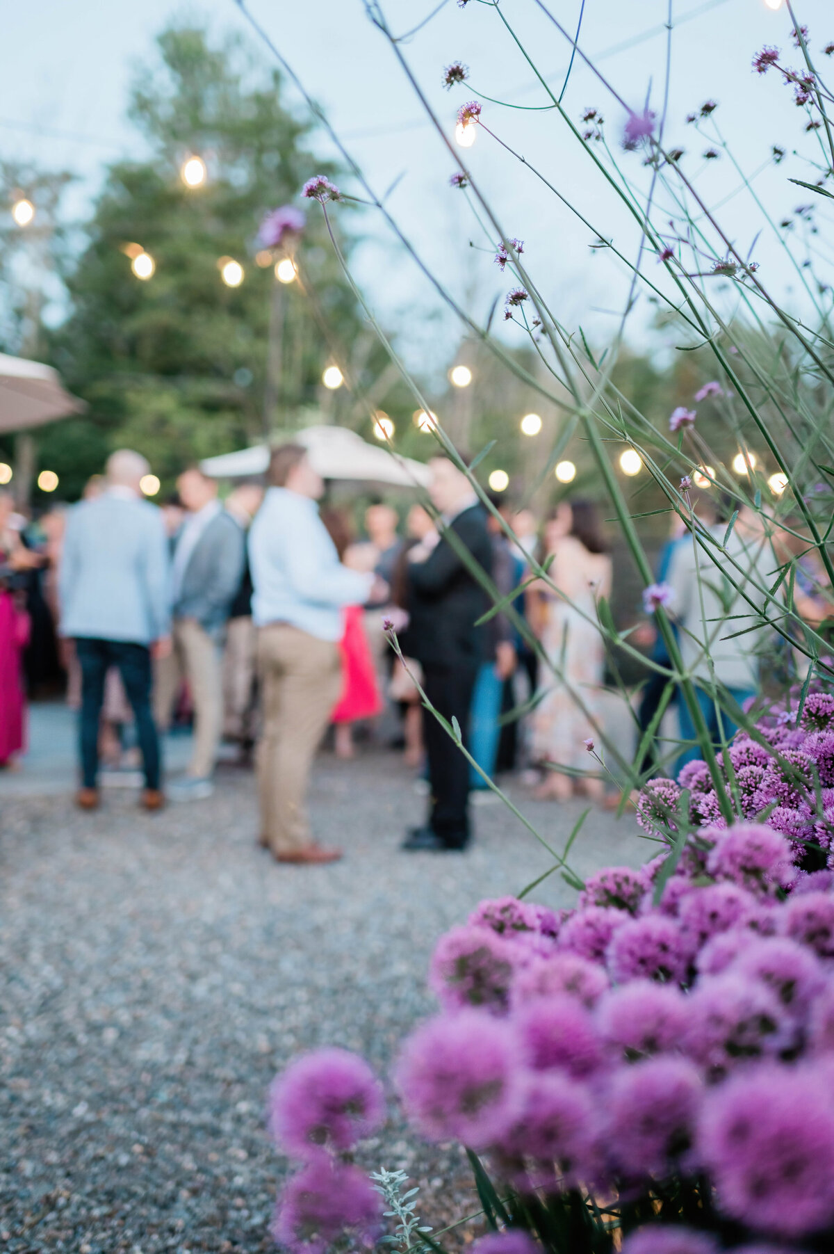 Tall purple flowers in the foreground frame a softly blurred crowd of wedding guests enjoying a welcome party under string lights.