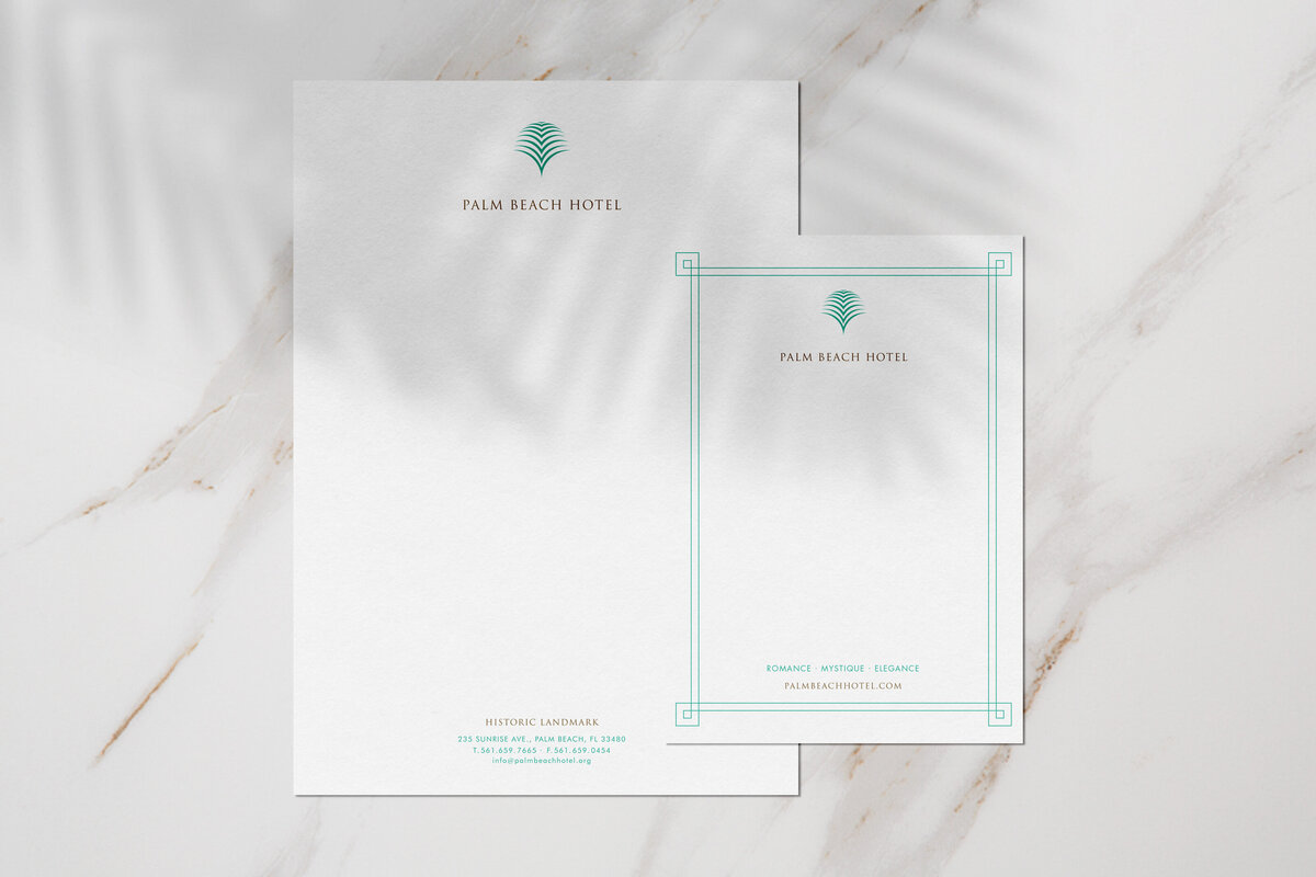 PBH custom brand stationery design, letterhead and note card with custom green palm leaf icon, overlaid with palm leaf shadow.