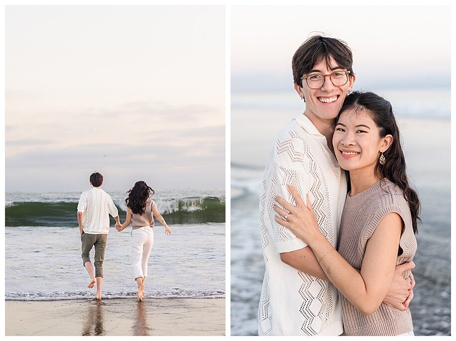 engaged couple running into ocean