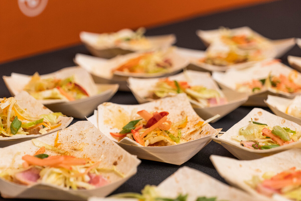 Small individual dishes laid out on a table 