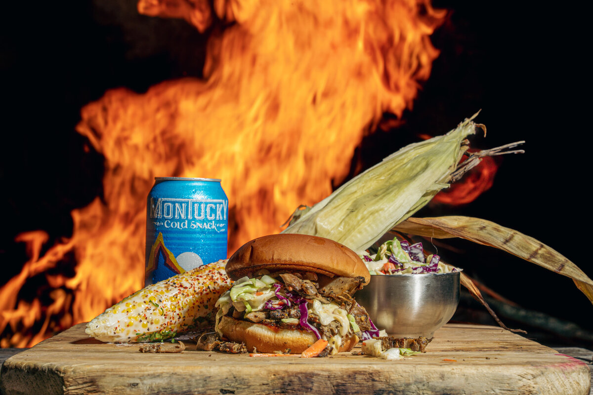 Editorial commercial photography featuring vegan brisket in front of a fire in Columbus, Ohio