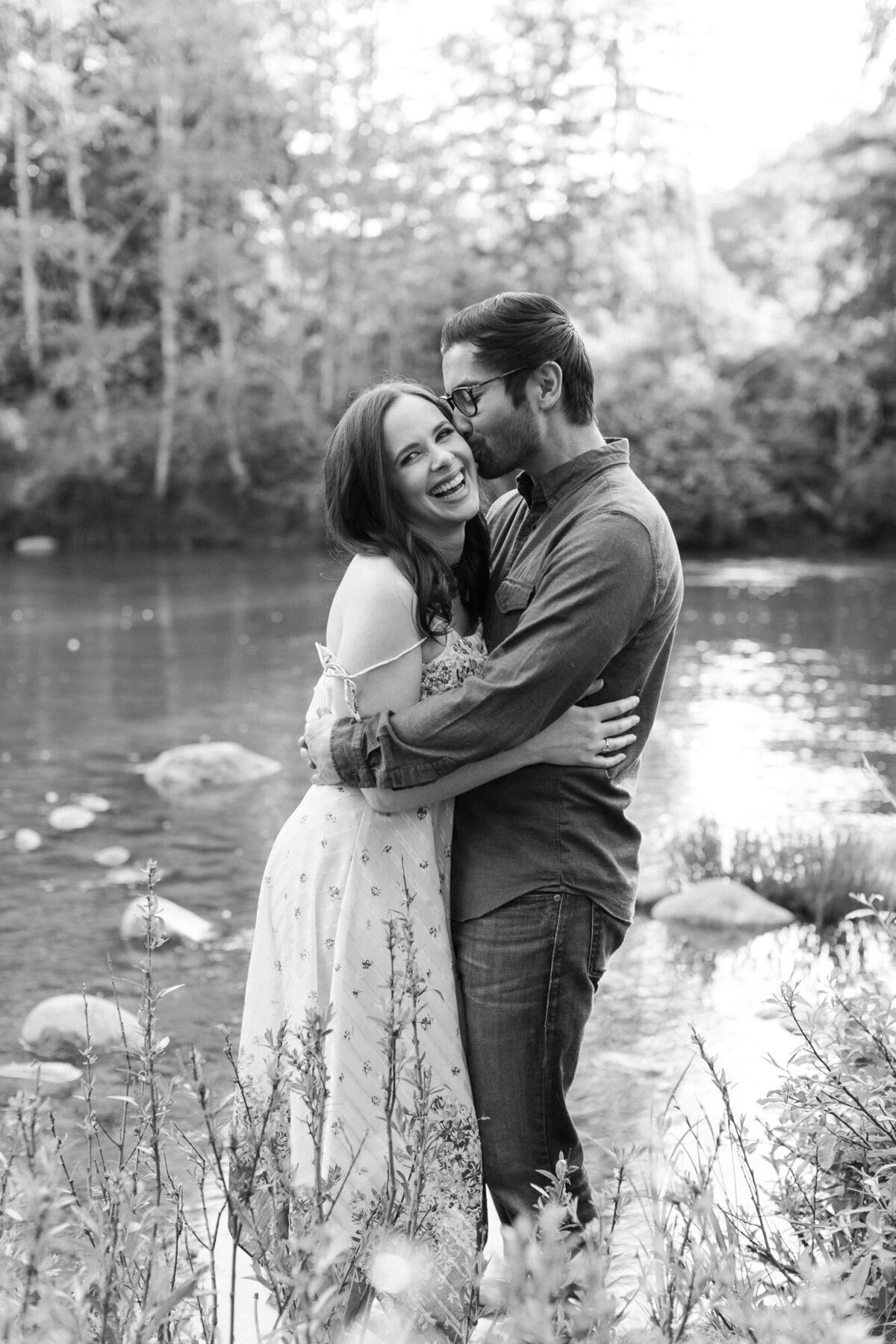 Romantic and sweet black and white engagement photos by river in Snohomish WA photo by Joanna Monger Photography