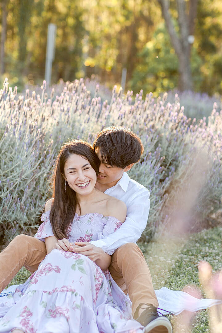 Engagement photos at sirromet winery lavenders at golden hour