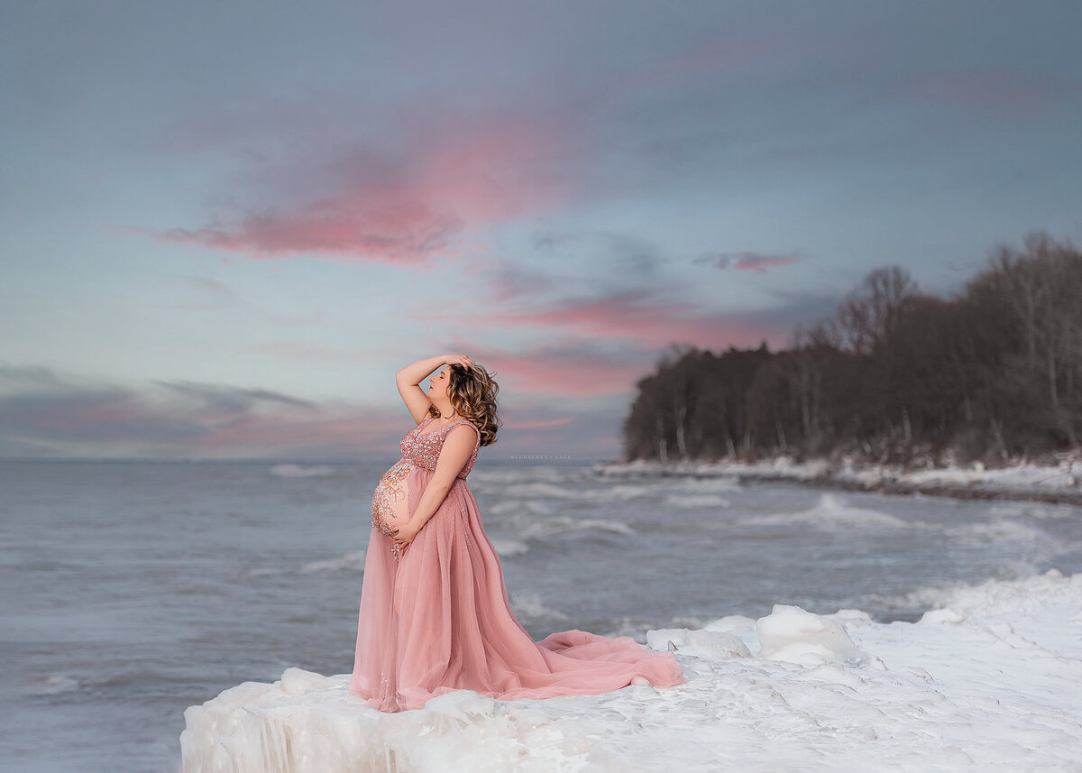 syracuse ny maternity photographer winter snow outdoor photo shoot in client closet gown in pink