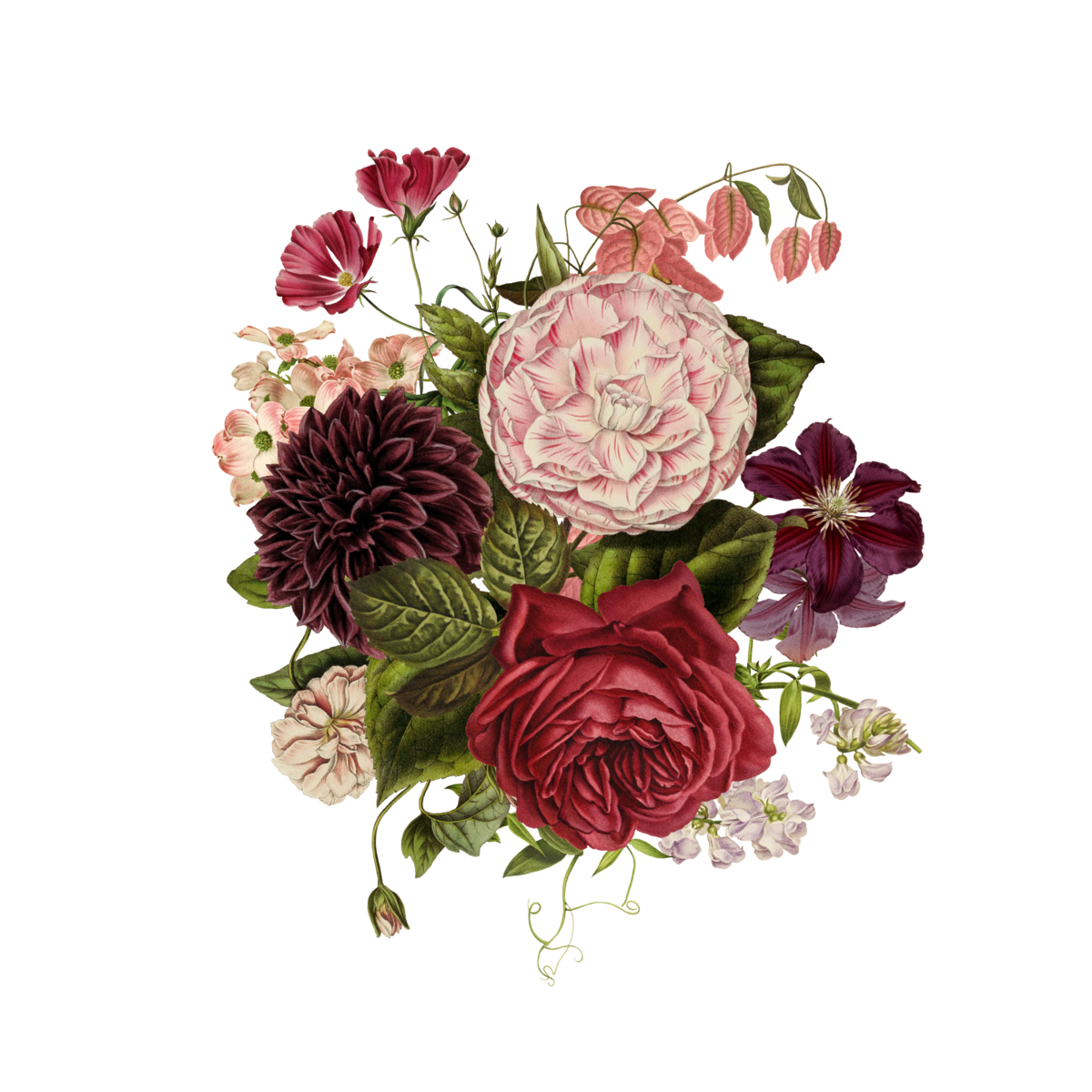 A detail on Frid Events' website featuring Dutch-inspired watercolour floral patterns in burgundy, plum, blush and peach.