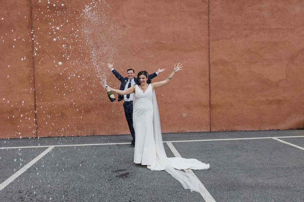 A bride and groom stand on a rock at an overlook in Lancaster PA