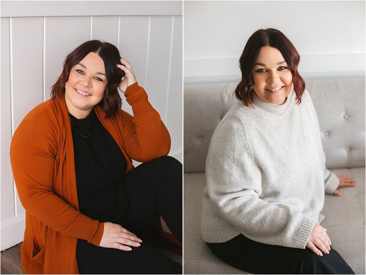 a-woman-in-a-cozy-white-sweater-and-orange-cardigan-sitting-on-a-modern-couch-smiling-for-a-branding-session-in-carmel-indiana