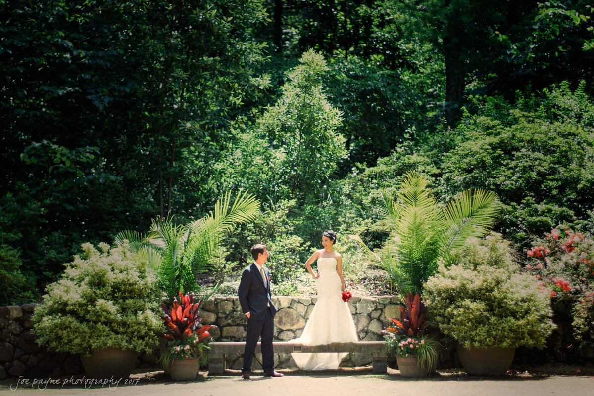 A bride standing on a stone bench looking down at her groom.