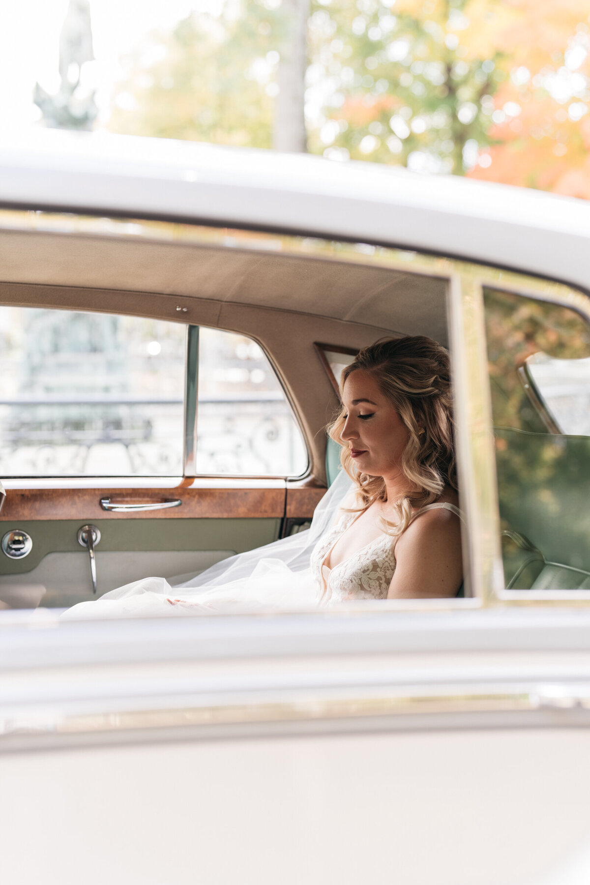 bride in a getaway car at st james court