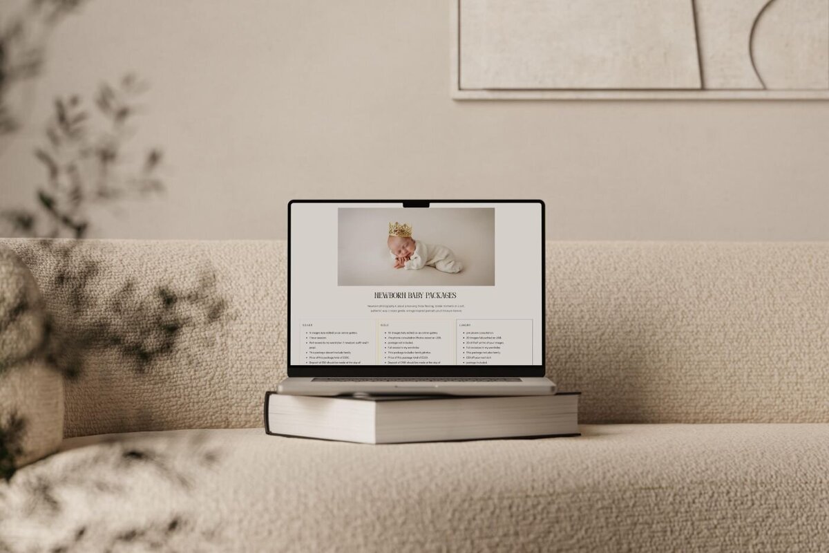 Laptop on a thick book placed on cream textured sofa showing newborn baby photography packages page