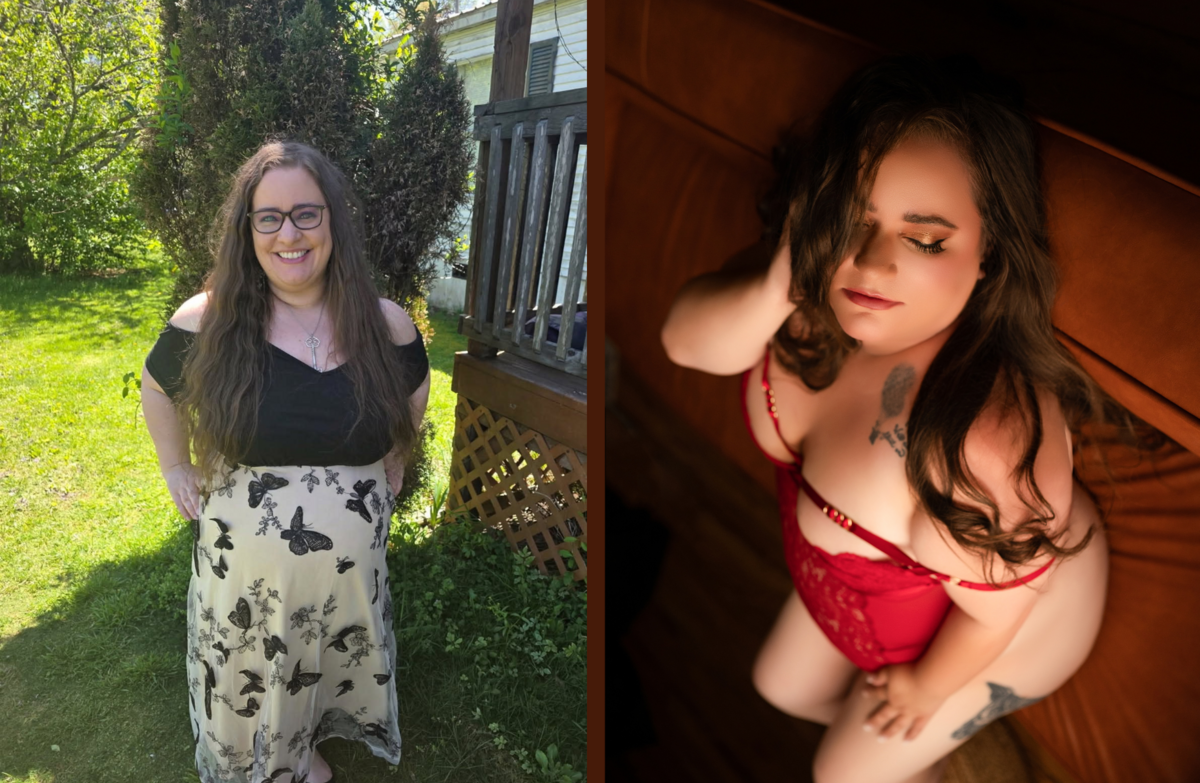 Before and after transformation showing hair and makeup from a BombShell Boudoir session