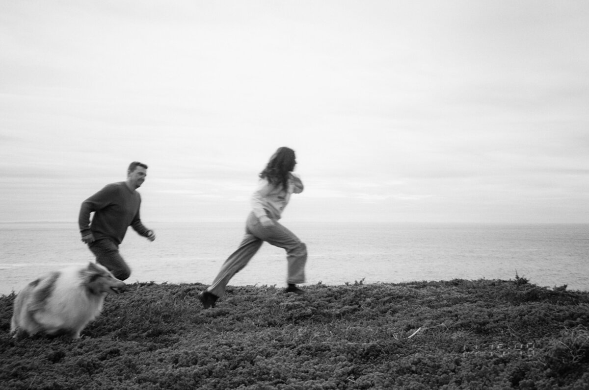 couple run through a field of juniper with their dogs