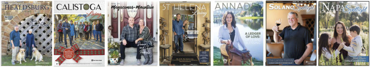 Row of magazine covers including Calistoga Living and St. Helena Living by Up Valley Living.