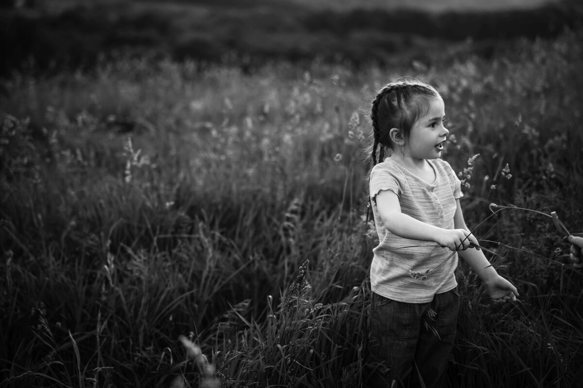 little girl in tall grass in portrait session with reva davis photography