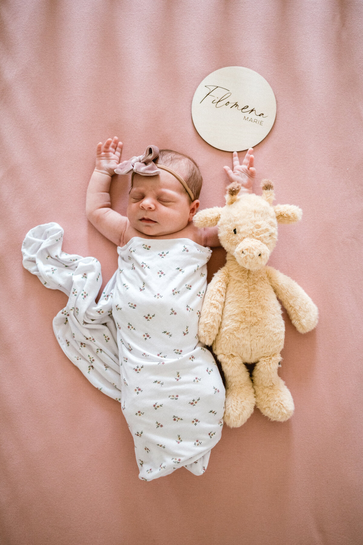 Newborn baby girl laying in crib with stuffed giraffe