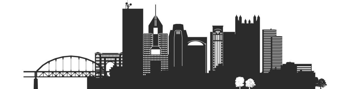 A yellow colored sketch of the Pittsburgh skyline with a bridge and the famous buildings this graphic is uses an icon on the site