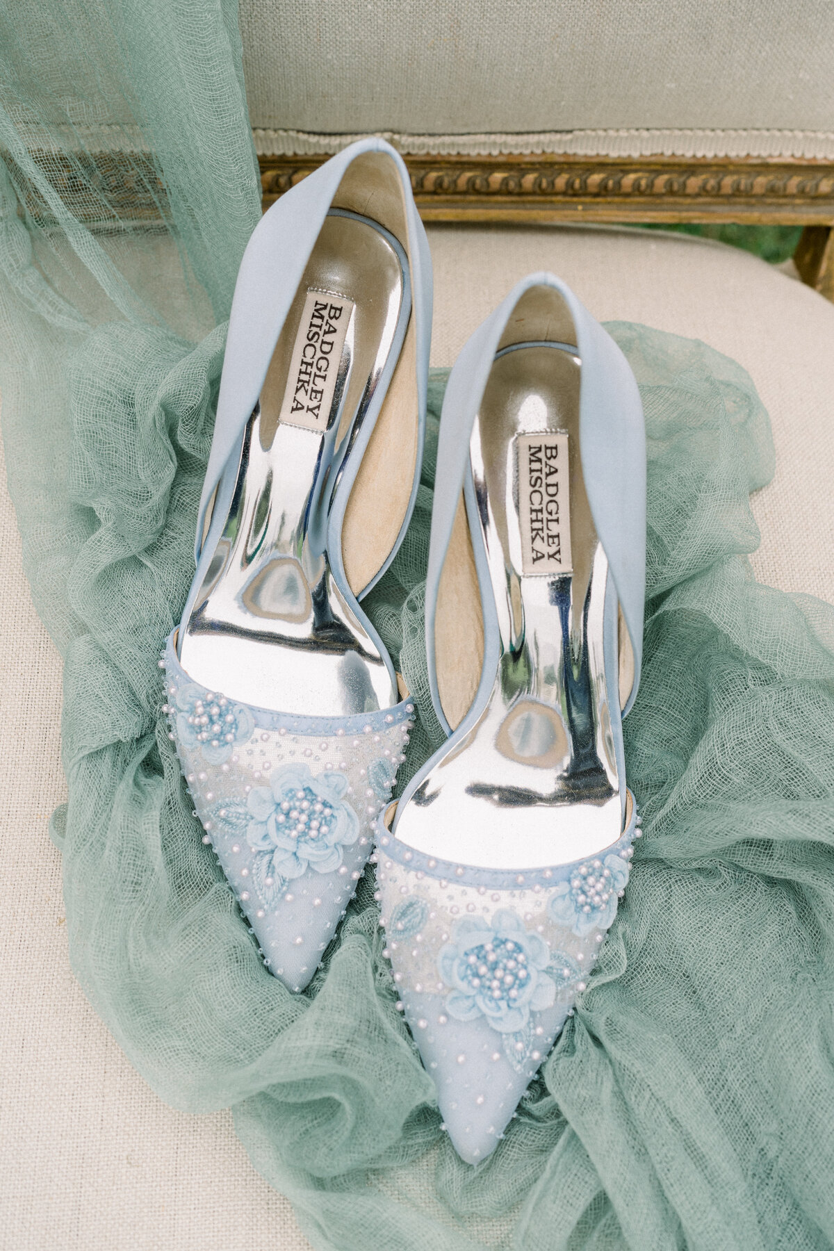 Dusty blue bridal heels at Sunstone Winery wedding in Santa Ynez, CA