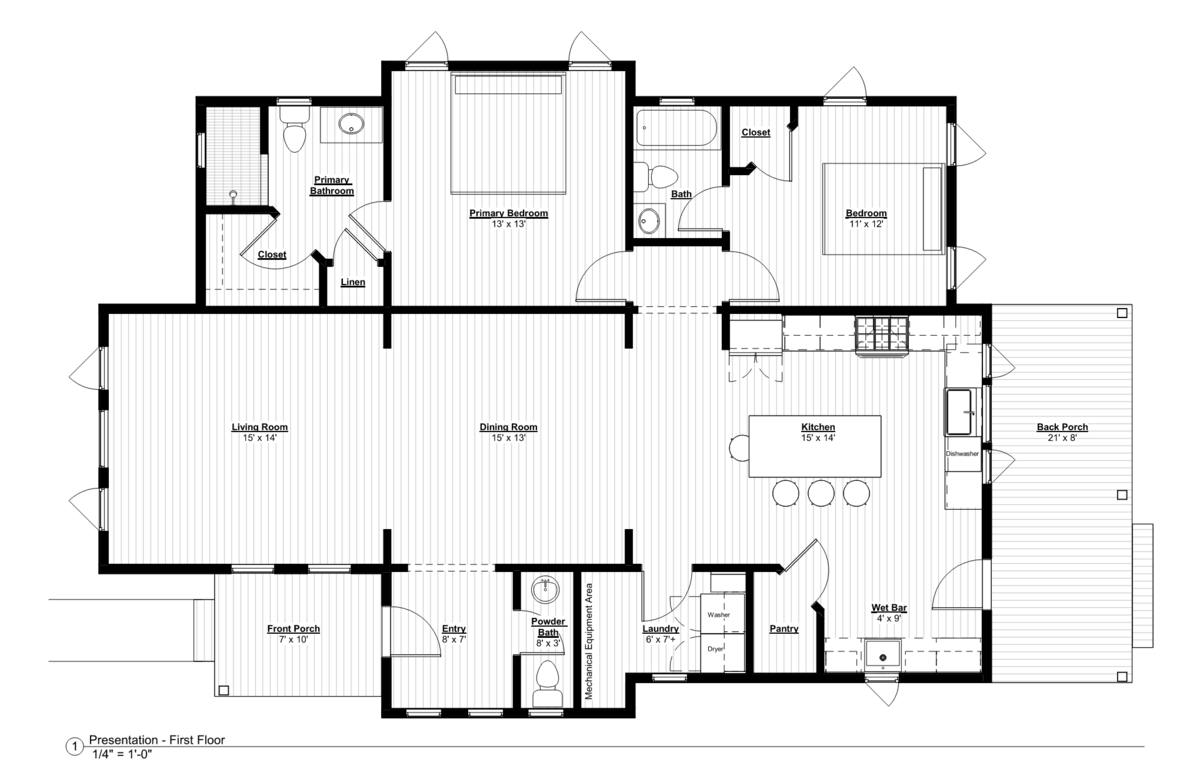 The Rosie: a single level two bedroom, two and half bathroom house plan by Pretty House Plans. 