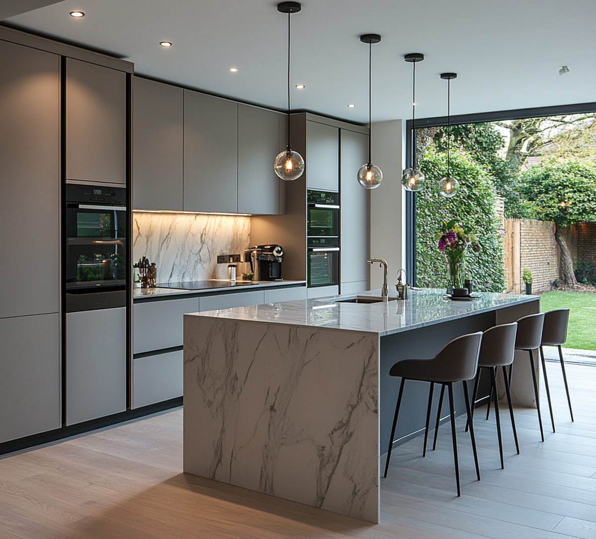Modern kitchen with marble top kitchen island