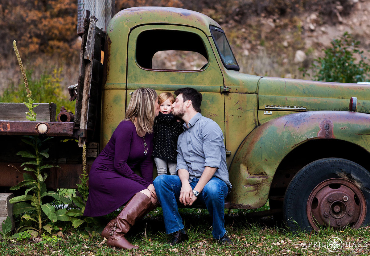Colorado family photography with vintage truck at Four Mile Bed and Breakfast