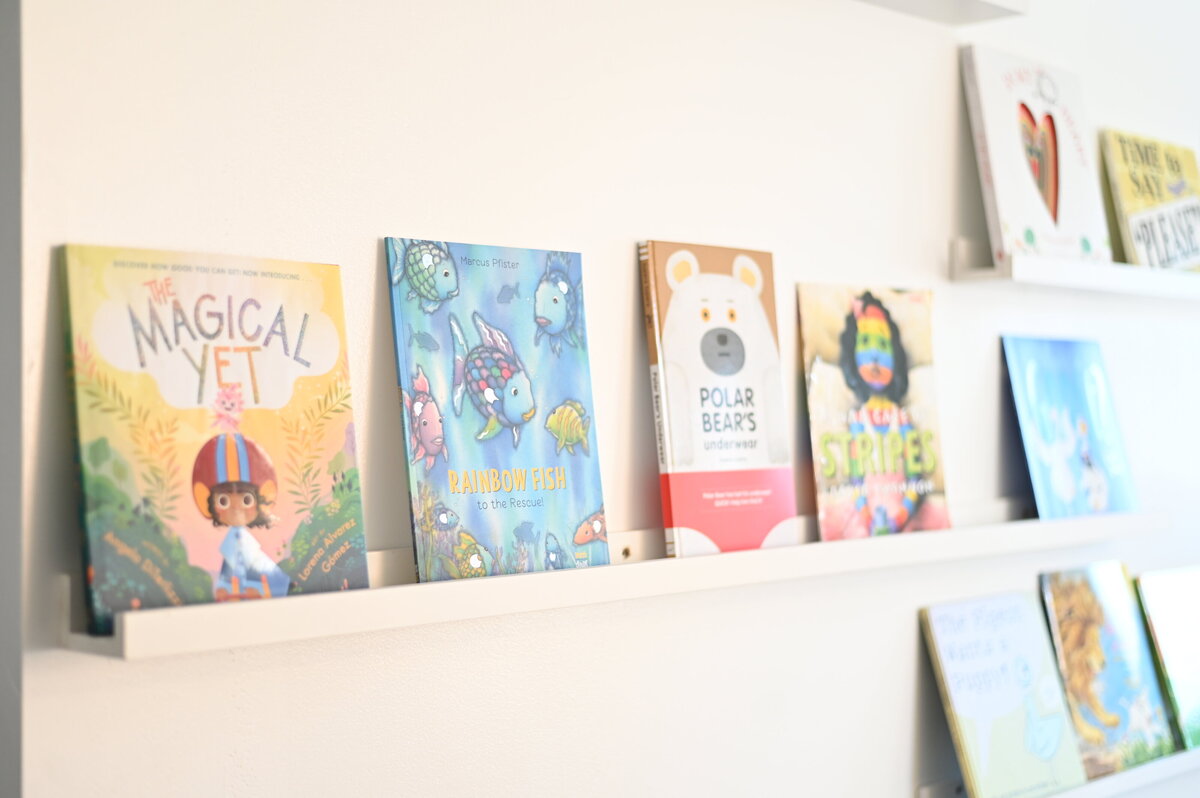 Bookshelf at House of Parker Preschool Gorham Maine where every detail is thoughtfully designed to create a warm, welcoming space for children to explore, learn, and grow with comfort and confidence.