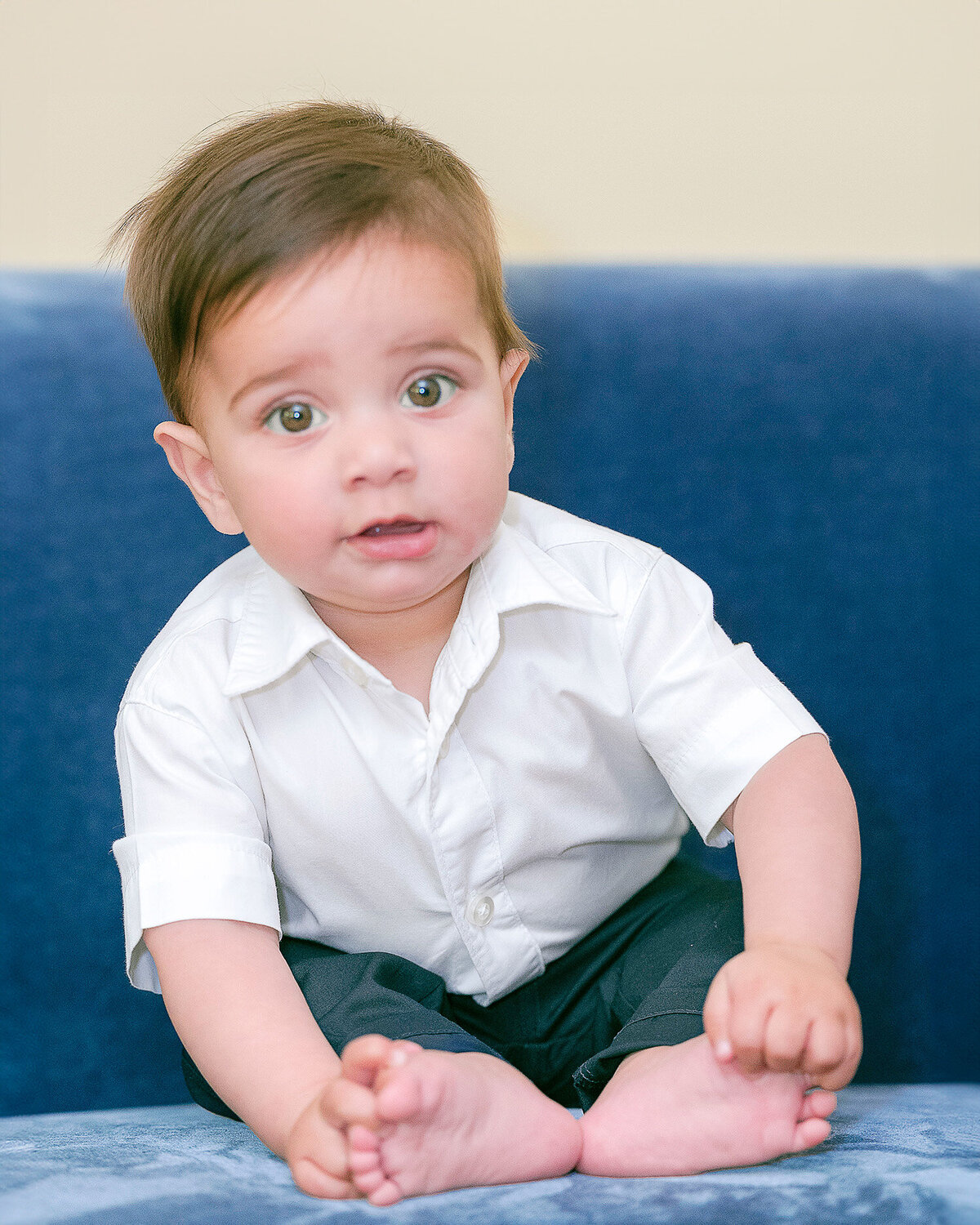 Seven-month-old baby sitting on a bright royal blue sofa, looking at the camera during an in-home family session by Isela Lozano, San Francisco baby photographer serving Bay Area families including Palo Alto, Redwood City, San Jose, and Marin.