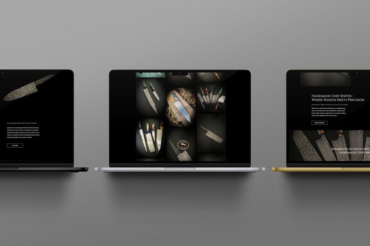 Three laptops displaying different pages of the Cuttlebrook Knives website. The left laptop shows a detailed view of a handmade chef knife with a description of the craftsmanship. The middle laptop displays a gallery of various knives with unique handles and blades. The right laptop features an overview of the brand, highlighting their passion and precision in knife-making. The laptops are set against a plain grey background.