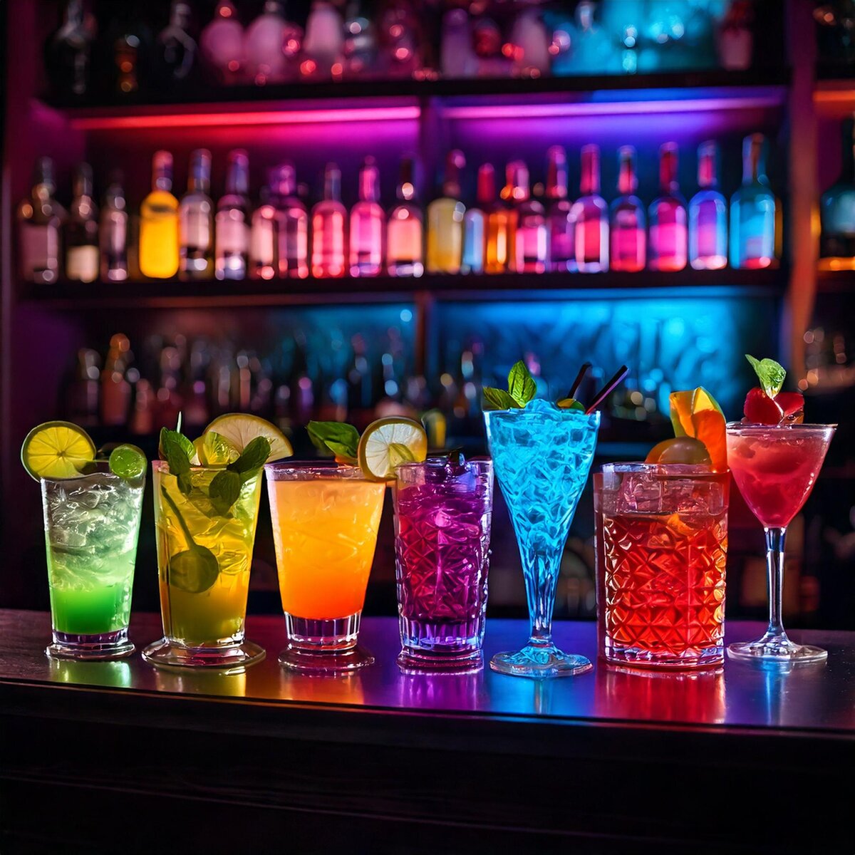 Firefly a pretty bar, with multiple different drinks sitting on the bar, the drinks are all neon col