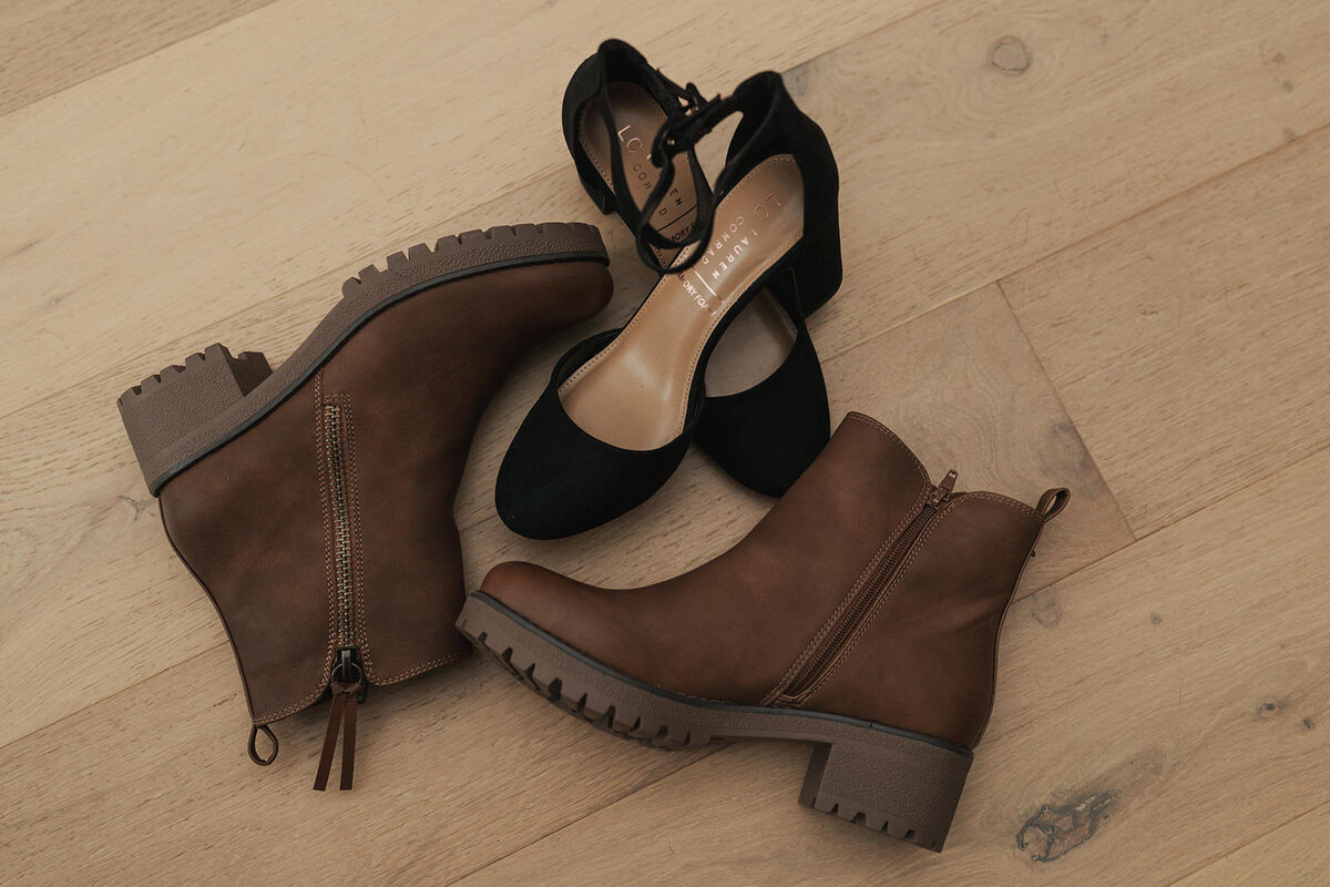 Wedding boots and heels sprawled across the floor