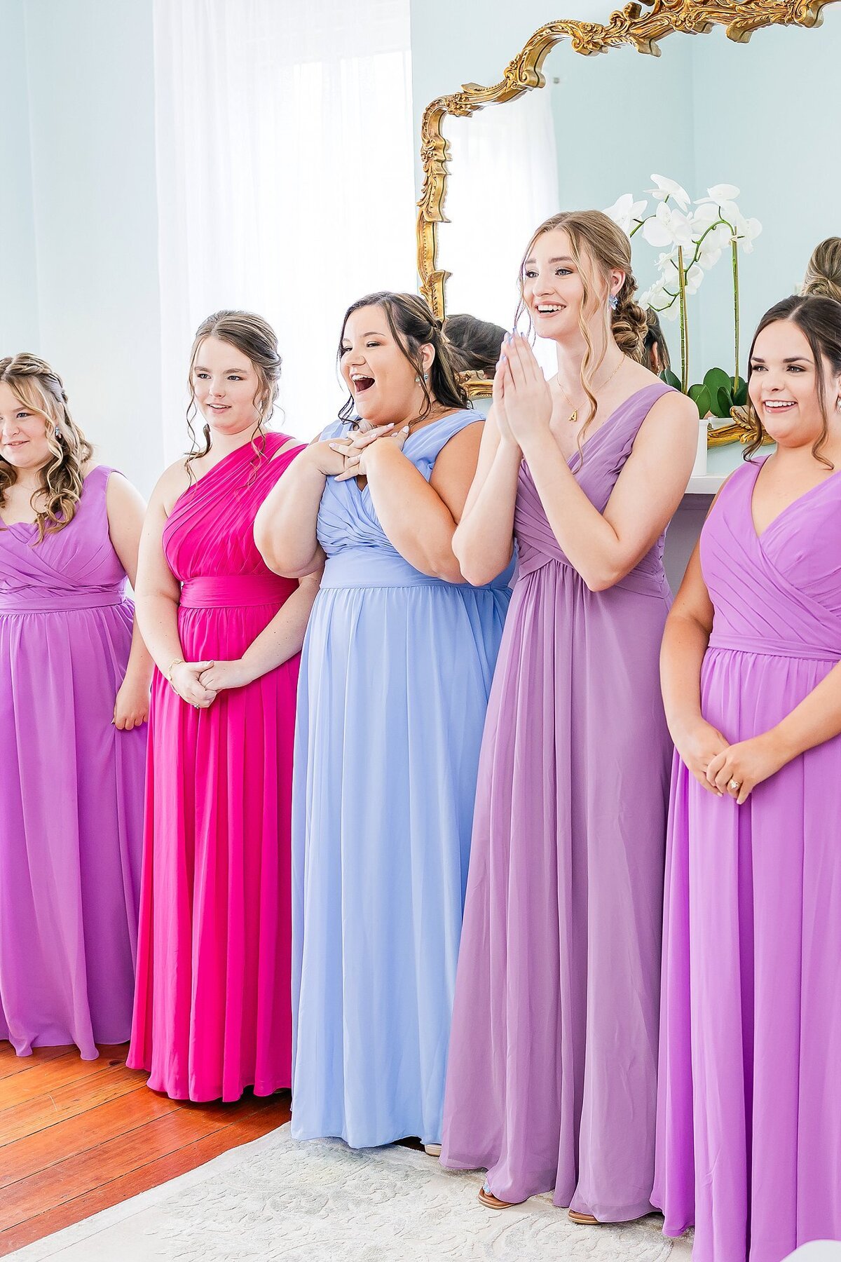 Bridesmaids see bride's dress for the first time on her wedding day  | Elms of Coosada Wedding Photographer 