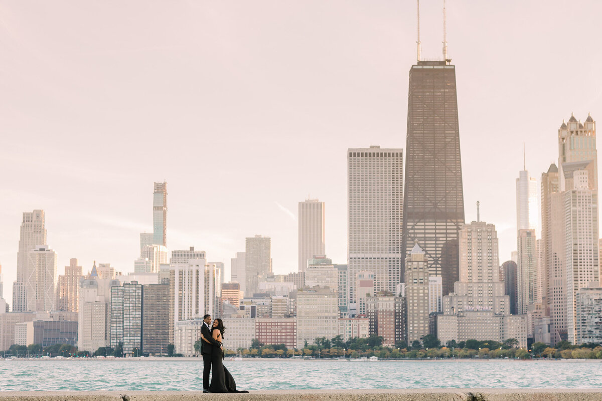 Elegant engagement photo at North Avenue Beach in Chicago