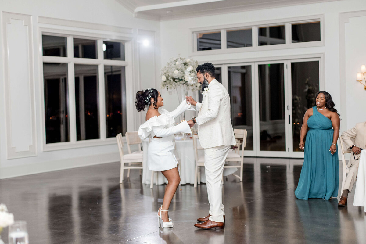 A romantic moment as the newlyweds sway together on the dance floor.