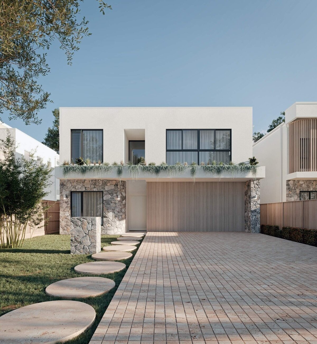 Vela Signature Range contemporary front facade with clean lines, natural stone, and timber detailing in a compact luxury home design.