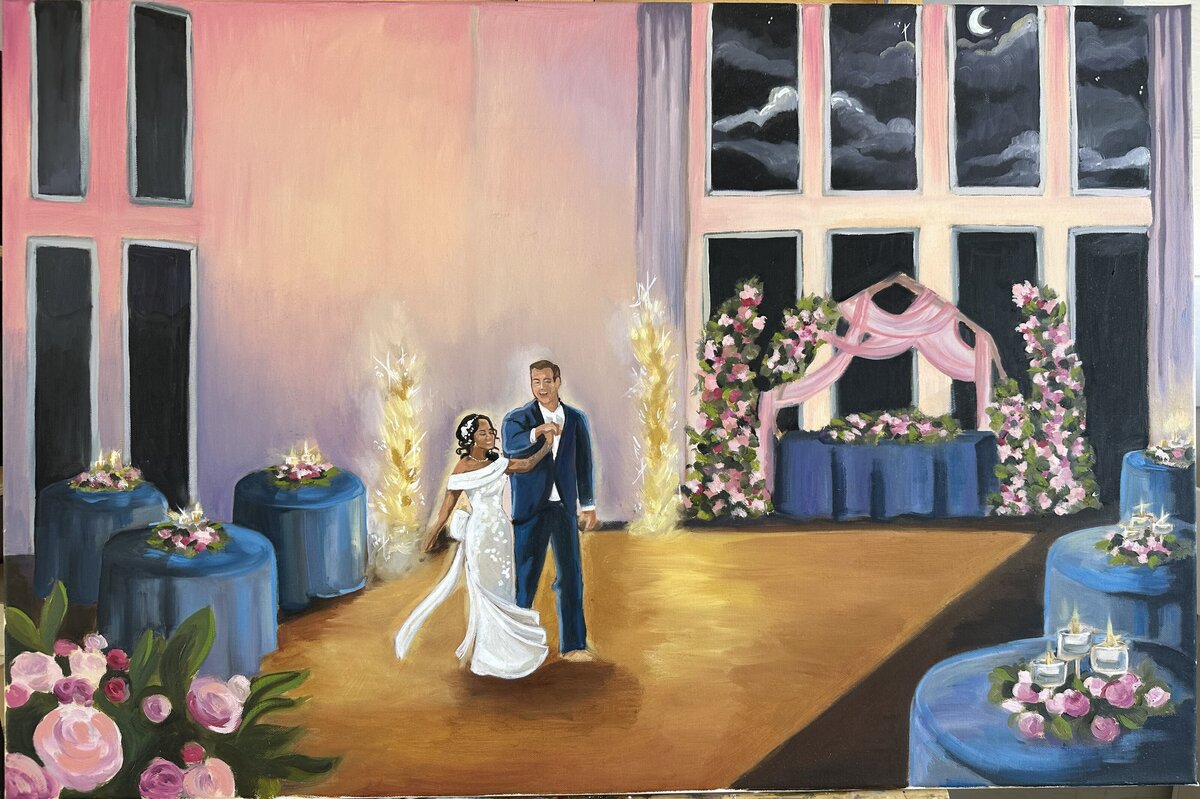 A couple share a romantic twirl during their first dance as husband and wife, captured on canvas by Olivia Andruss. 