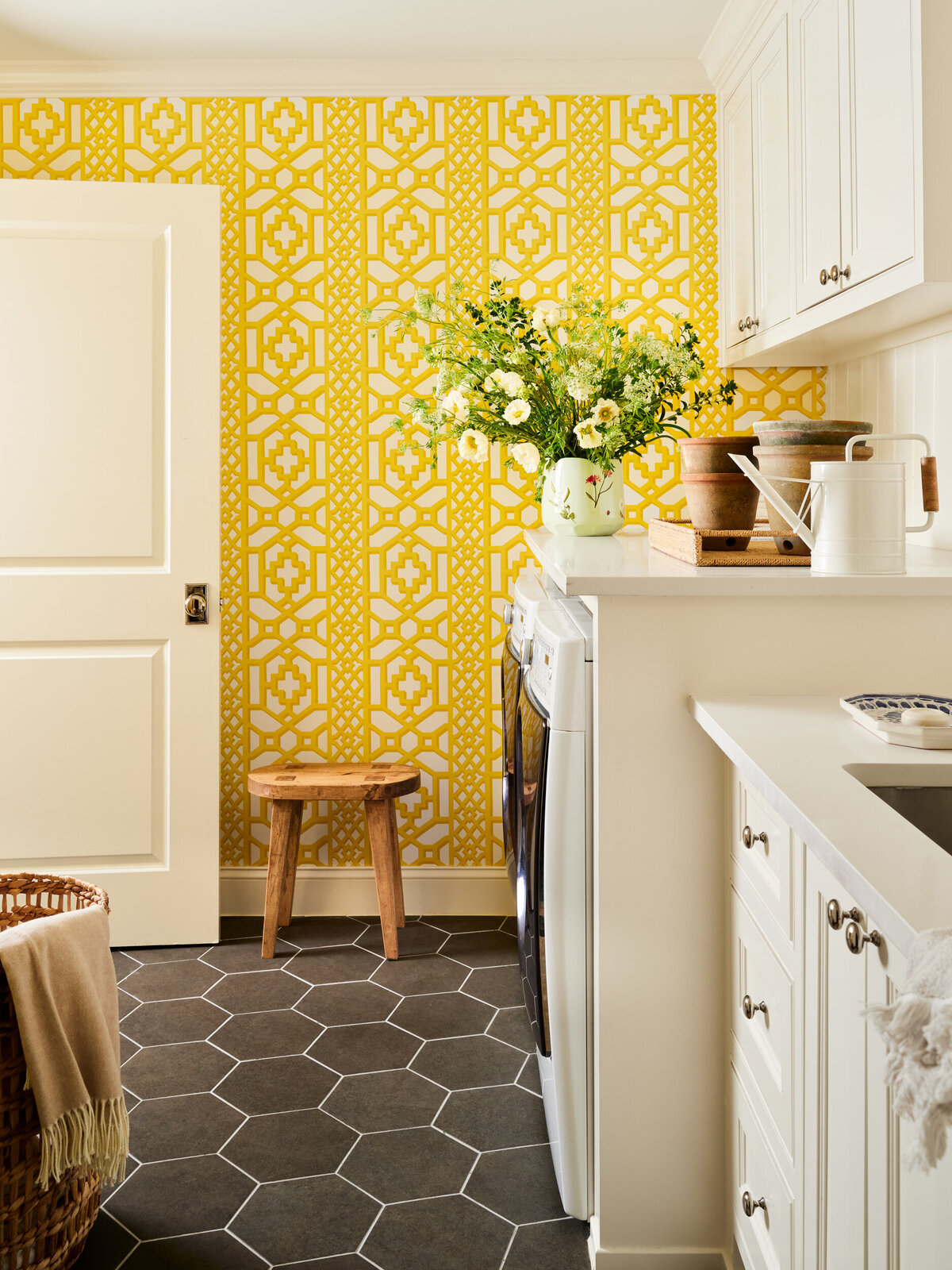 Laundry Room with Yellow Trellis Wallpaper Schumacher