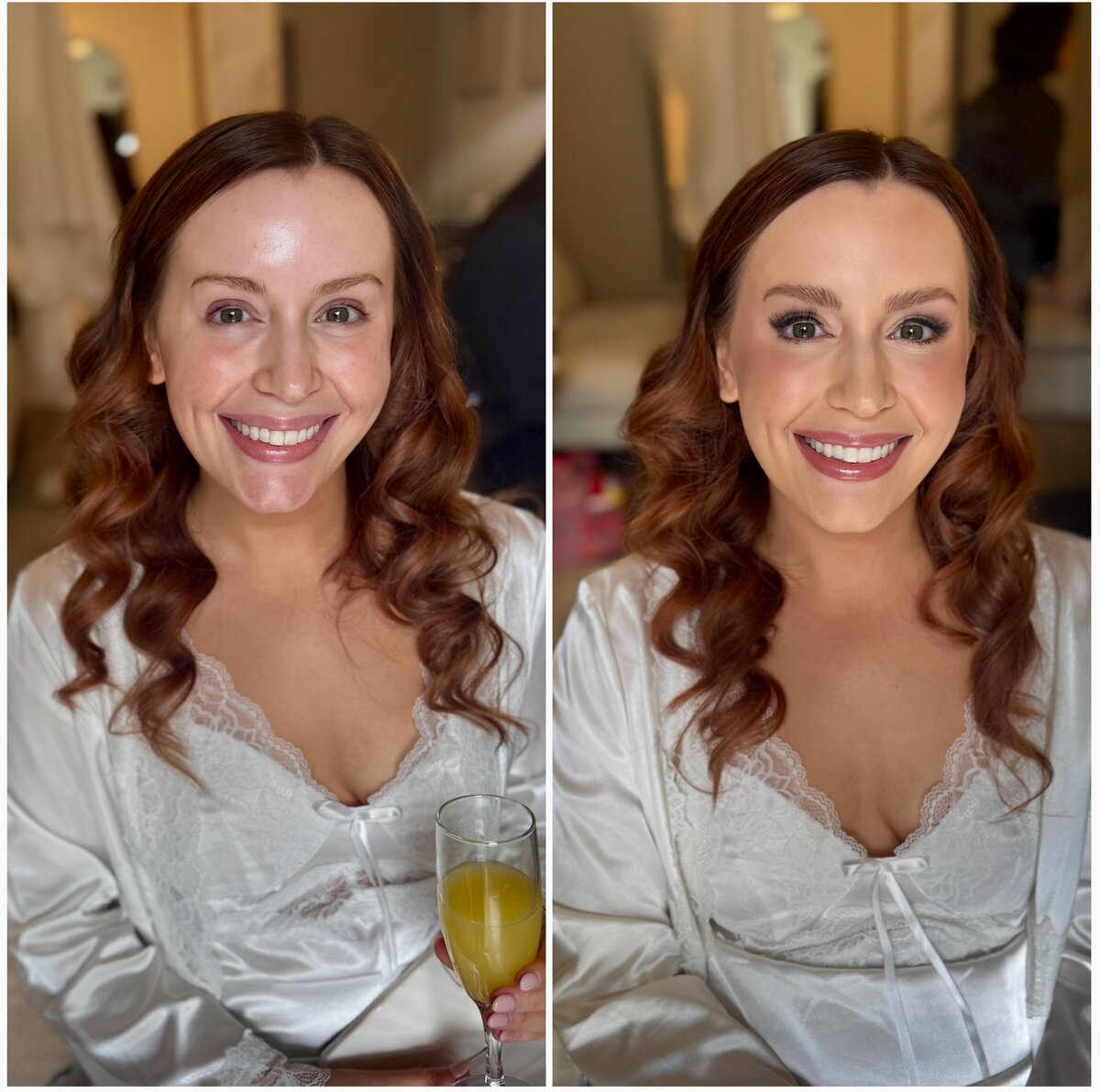 Bride getting ready at 1051 Baxter in Athens with soft glam makeup and elegant bridal waves by Kayla Walters Beauty Collective.