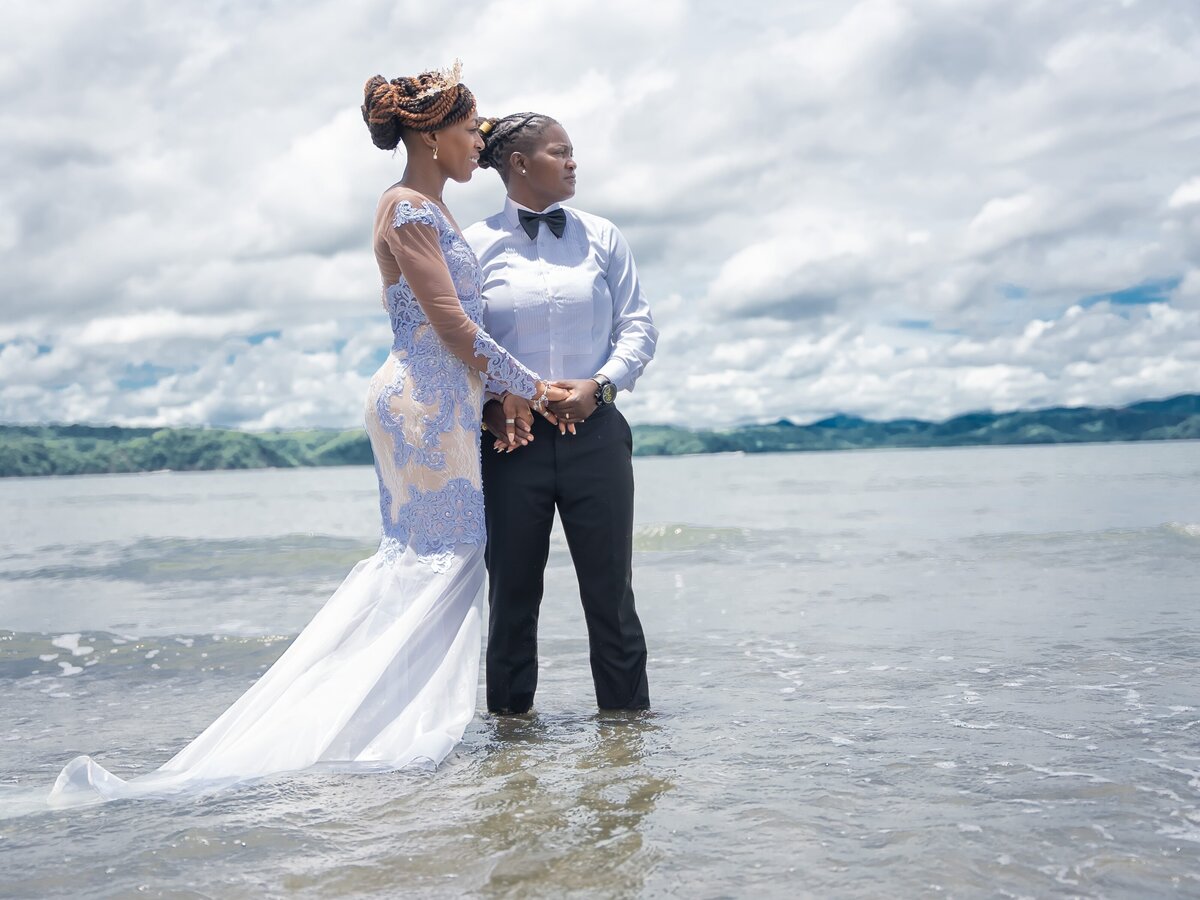 Couple holding each other at their Beach wedding in Costa Rica